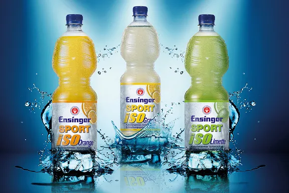 Drei Flaschen Ensinger Sport in den Geschmacksrichtungen Orange, Zitrone und Limette